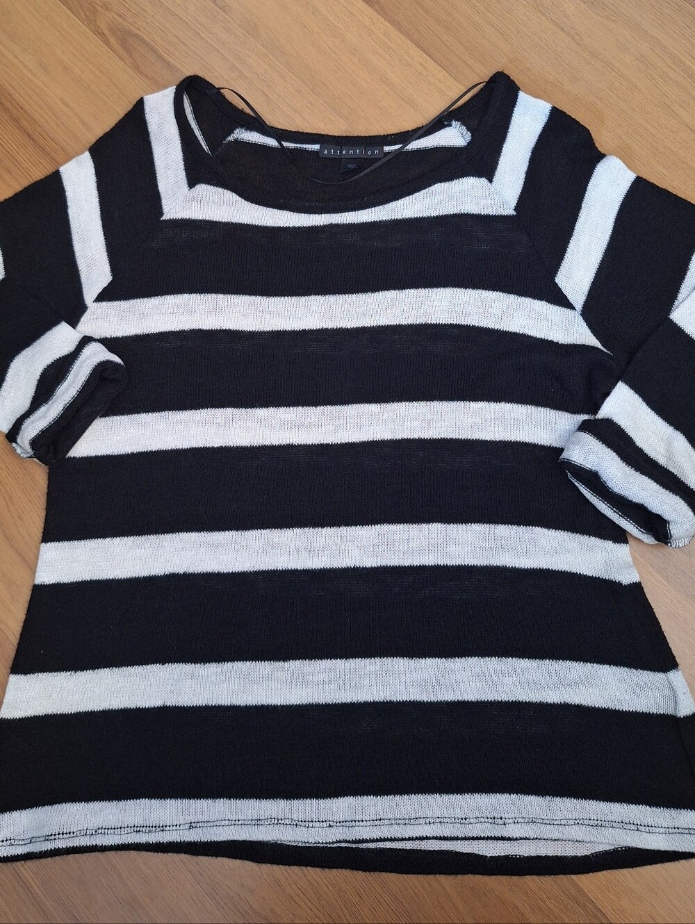 attention Black and White Striped Crewneck Sweater